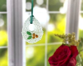 Fused Glass Ornament or Sun Catcher, Golden Acorn design of amber dots and green leaves on pale pine tinted glass pendant