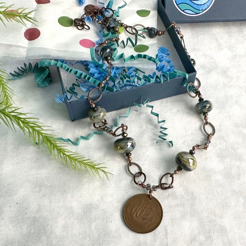 Nautical Necklace, Vintage Irish Ship Coin, lamp-worked glass beads, copper and green, Next Adventure Gift, Mother's Day gift image 6