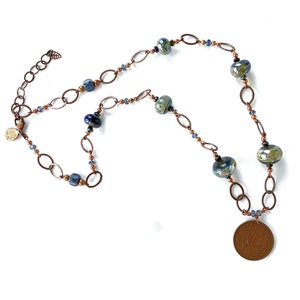 Nautical Necklace, Vintage Irish Ship Coin, lamp-worked glass beads, copper and green, Next Adventure Gift, Mother's Day gift image 1