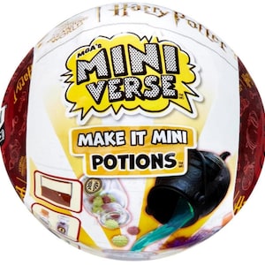 May include: A white sphere with a yellow and red design. The sphere has the text "MGA's Mini Verse" and "Make It Mini Potions" on it. The sphere also has a picture of a black cauldron with green liquid pouring out of it.