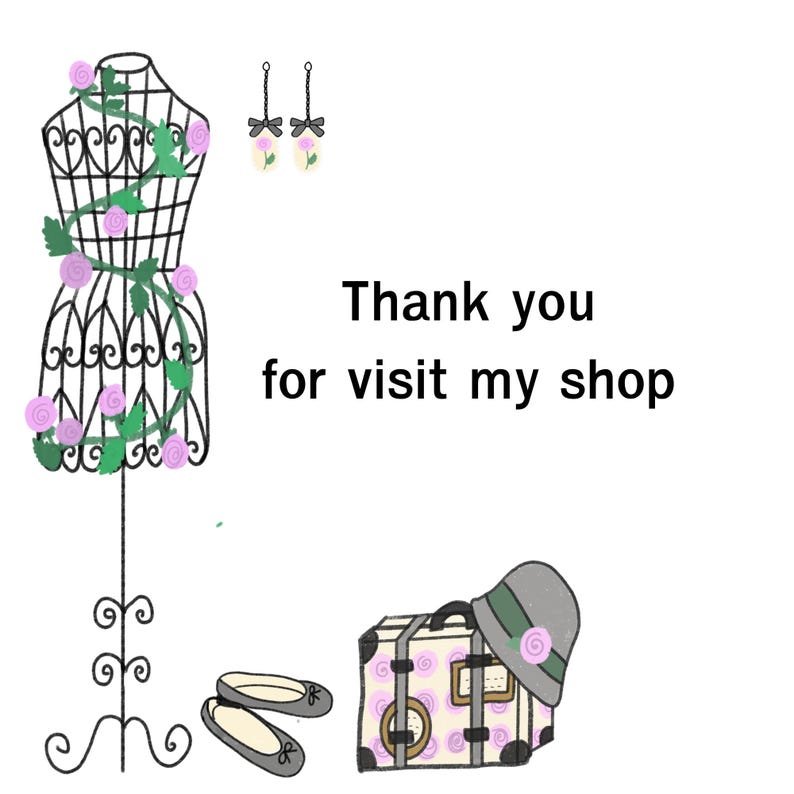 May include: A black wire dress form wrapped in a green vine with pink roses, a pair of earrings with pink flower charms, a pair of grey ballet flats, and a suitcase with a grey hat, featuring the text Thank you for visit my shop.