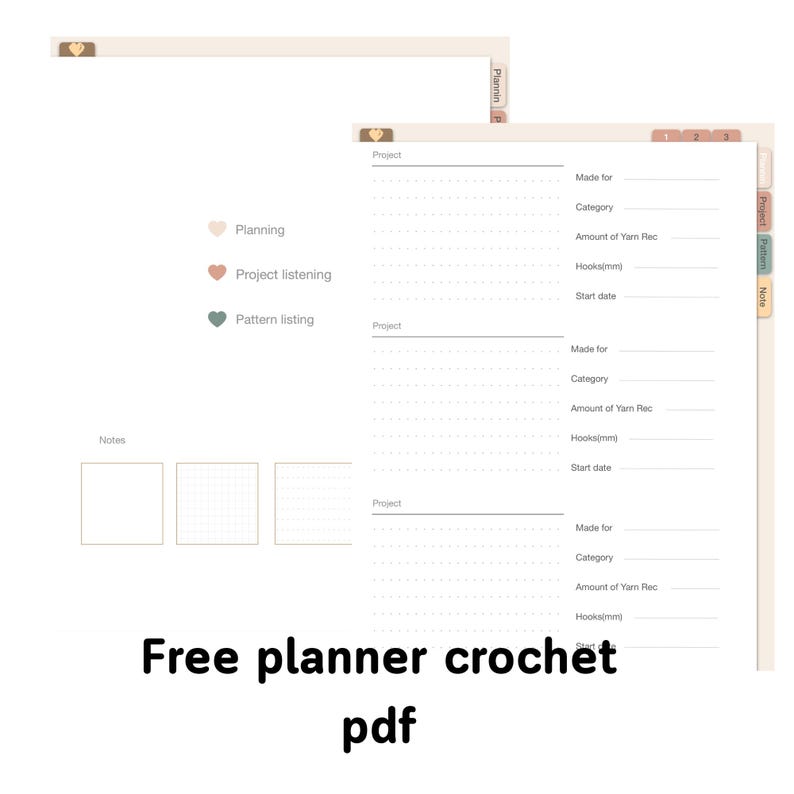 May include: A digital crochet planner PDF featuring two pages with tabs labeled Planning, Project, and Pattern. The layout includes sections for project details like Made for, Category, Amount of Yarn, Hooks(mm), and Start date, plus note boxes.