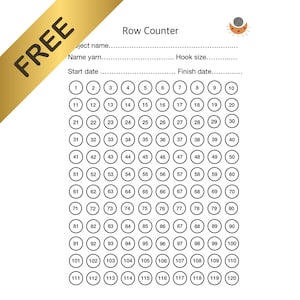 May include: A printable row counter sheet featuring a header with the text Row Counter and a small yarn ball icon. The document includes lines for project name, yarn name, hook size, start date, and finish date, followed by 120 numbered circles.