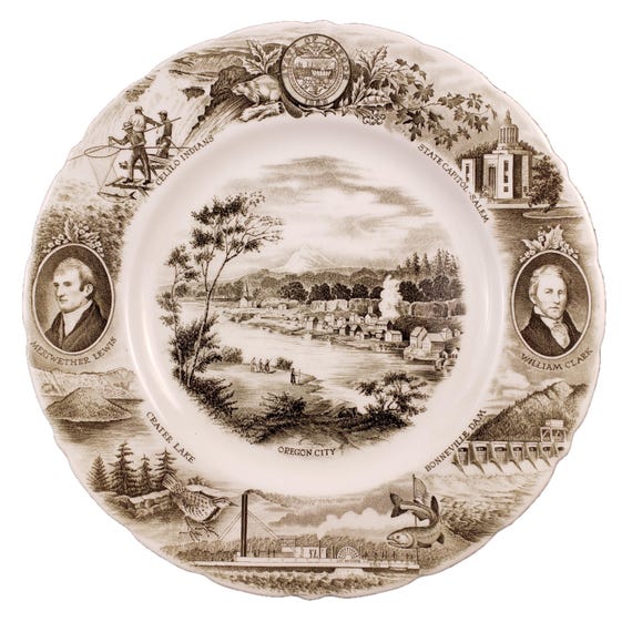 Collectible State of Oregon plate; Celilo Falls, Lewis and Clark, Bonneville Dam, Oregon City, Crater Lake, Oregon City, Meier and Frank