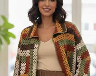 Handmade Crochet Granny-Square Jacket Women Boho Patchwork Cardigan Autumn Multicolor Green Brown Mustard