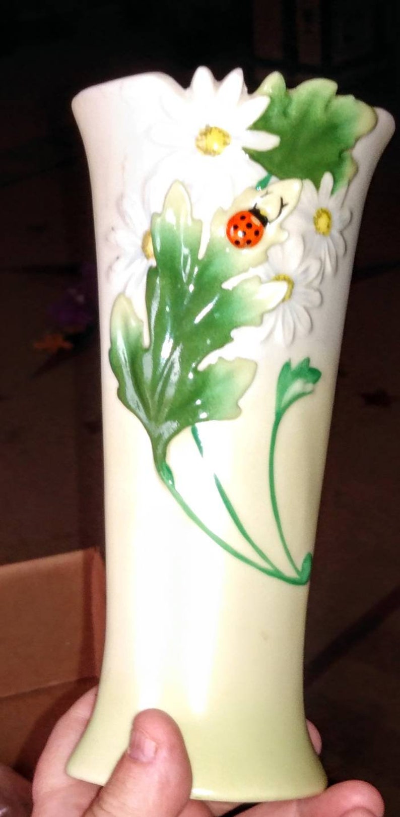 Vintage Rare Franz Porcelain Daisy Ladybug Vase Etsy