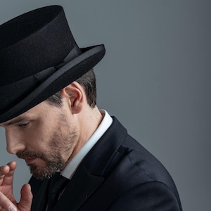 Black Wool Top Hat – Elegant Vintage Cylinder Hat for Steampunk, Formal Events, Weddings, Costume or Gothic Style