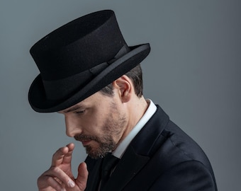 Black Wool Top Hat – Elegant Vintage Cylinder Hat for Steampunk, Formal Events, Weddings, Costume or Gothic Style