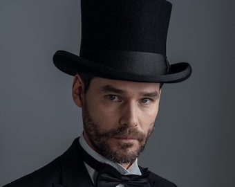 High Crown Black Top Hat – 15cm Wool Cylinder for Steampunk, Wedding, Gothic Fashion or Theater PRESTIDENT