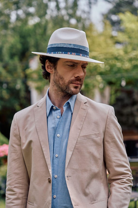 mens dress straw hats NAVARRO Men's Straw Fedora Hat - Premium Japanese Straw