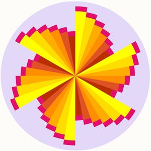 May include: A circular graphic design featuring a central point with radiating triangular segments in shades of yellow, orange, and deep red. Each segment is tipped with a small magenta rectangle, creating a pinwheel effect on a pale lavender background.