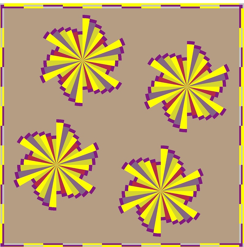 May include: A square textile featuring a light brown background with a border of alternating yellow and purple segments. Four circular, star-like motifs are arranged in a grid, each composed of radiating yellow, purple, and red triangular rays.