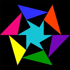 May include: A colorful abstract design with six triangles arranged in a star shape. The triangles are blue, red, pink, yellow, green, and purple.