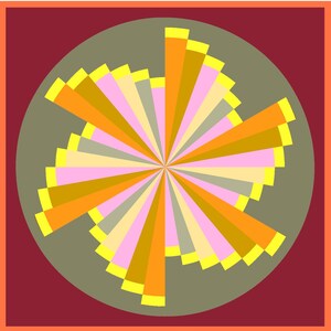 May include: A square graphic design featuring a deep red border and a large olive green circle in the center. Inside the circle, a radial pattern of alternating triangular segments in shades of orange, yellow, pink, and grey radiates from the center.