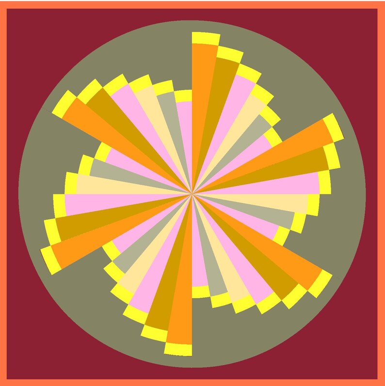 May include: A square graphic design featuring a deep red border and a large olive green circle in the center. Inside the circle, a radial pattern of alternating triangular segments in shades of orange, yellow, pink, and grey radiates from the center.