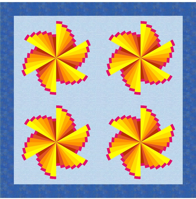 May include: A square quilt featuring a light blue background with a dark blue border. The quilt displays four identical pinwheel patterns arranged in a grid, each composed of radiating segments in shades of yellow, orange, and bright pink.