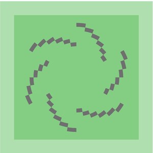 May include: A square graphic design featuring a light green background with four curved, segmented lines arranged in a circular, swirling pattern. Each line is composed of small, dark gray rectangular blocks, creating a pixelated effect.