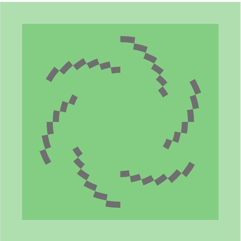 May include: A square graphic design featuring a light green background with four curved, segmented lines arranged in a circular, swirling pattern. Each line is composed of small, dark gray rectangular blocks, creating a pixelated effect.