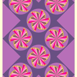 May include: A rectangular quilt featuring a repeating pattern of seven circular motifs on a light purple background. Each circle contains a vibrant radial design composed of pink, magenta, brown, and yellow segments arranged in a starburst shape.