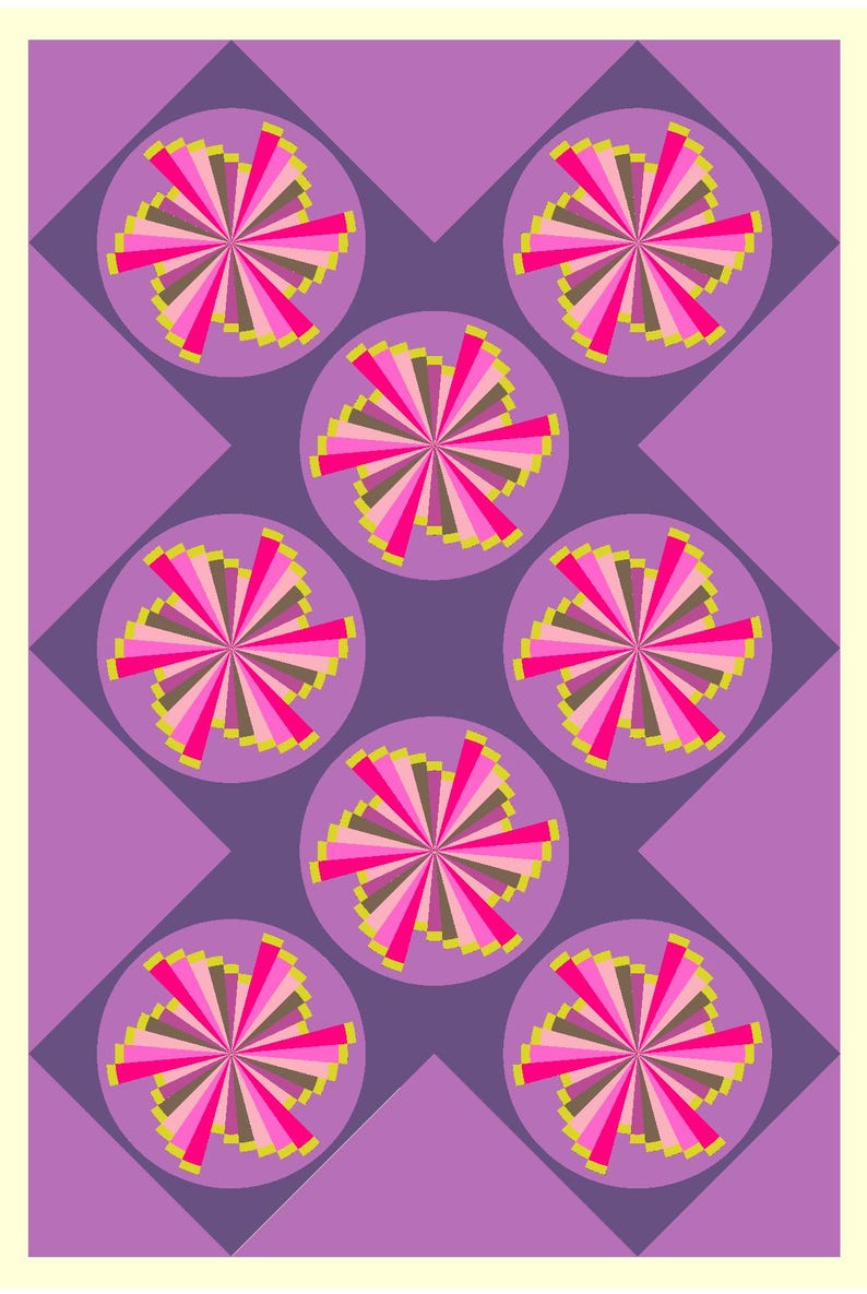 May include: A rectangular quilt featuring a repeating pattern of seven circular motifs on a light purple background. Each circle contains a vibrant radial design composed of pink, magenta, brown, and yellow segments arranged in a starburst shape.