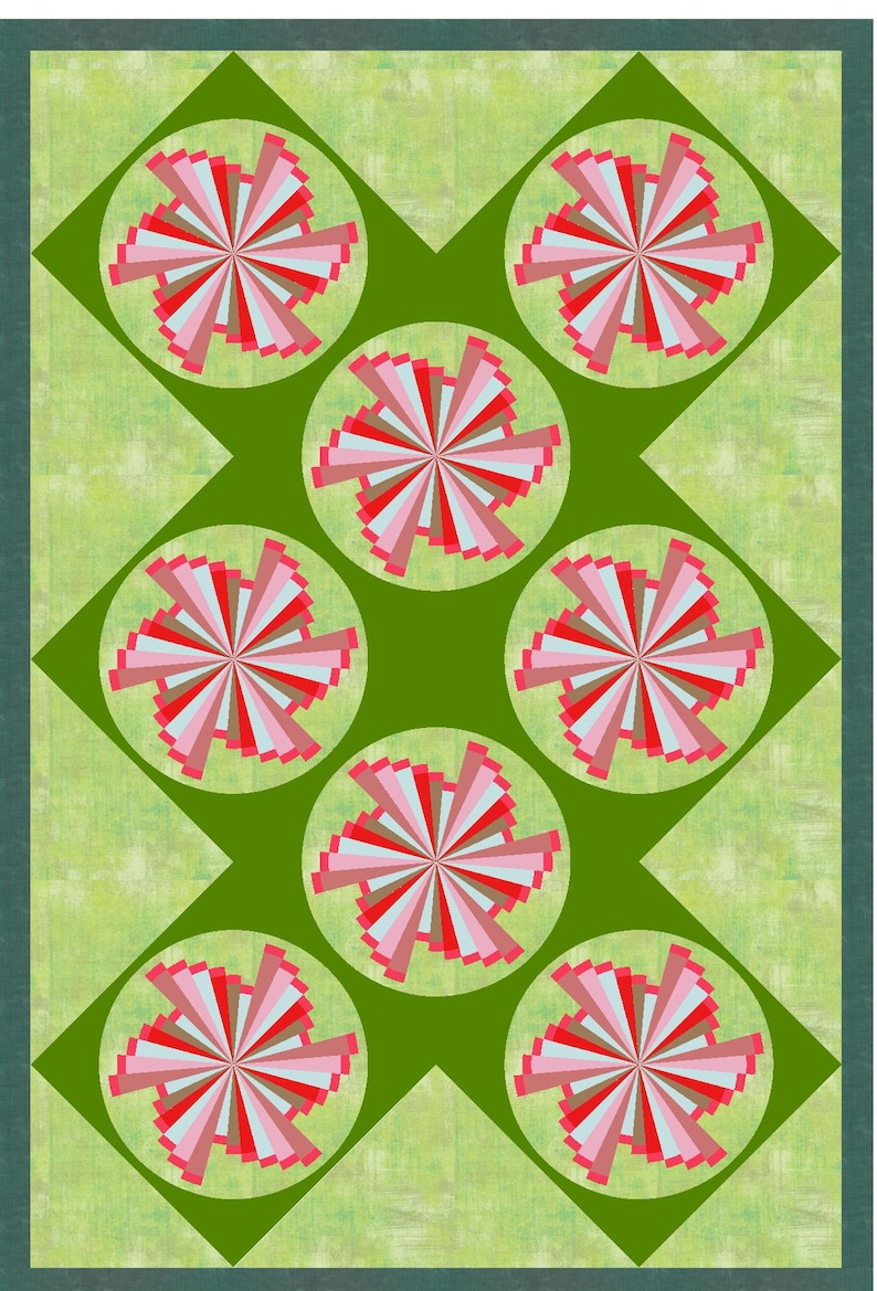 May include: A rectangular quilt featuring a light green textured background with a dark green border. The design consists of seven circular motifs arranged in a diamond pattern, each containing a radial burst of pink, red, and white fabric strips.