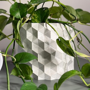 May include: A green pothos plant with heart-shaped leaves spills over the sides of a geometric, light gray planter. The planter has a repeating diamond pattern. The plant is in a modern, minimalist style.