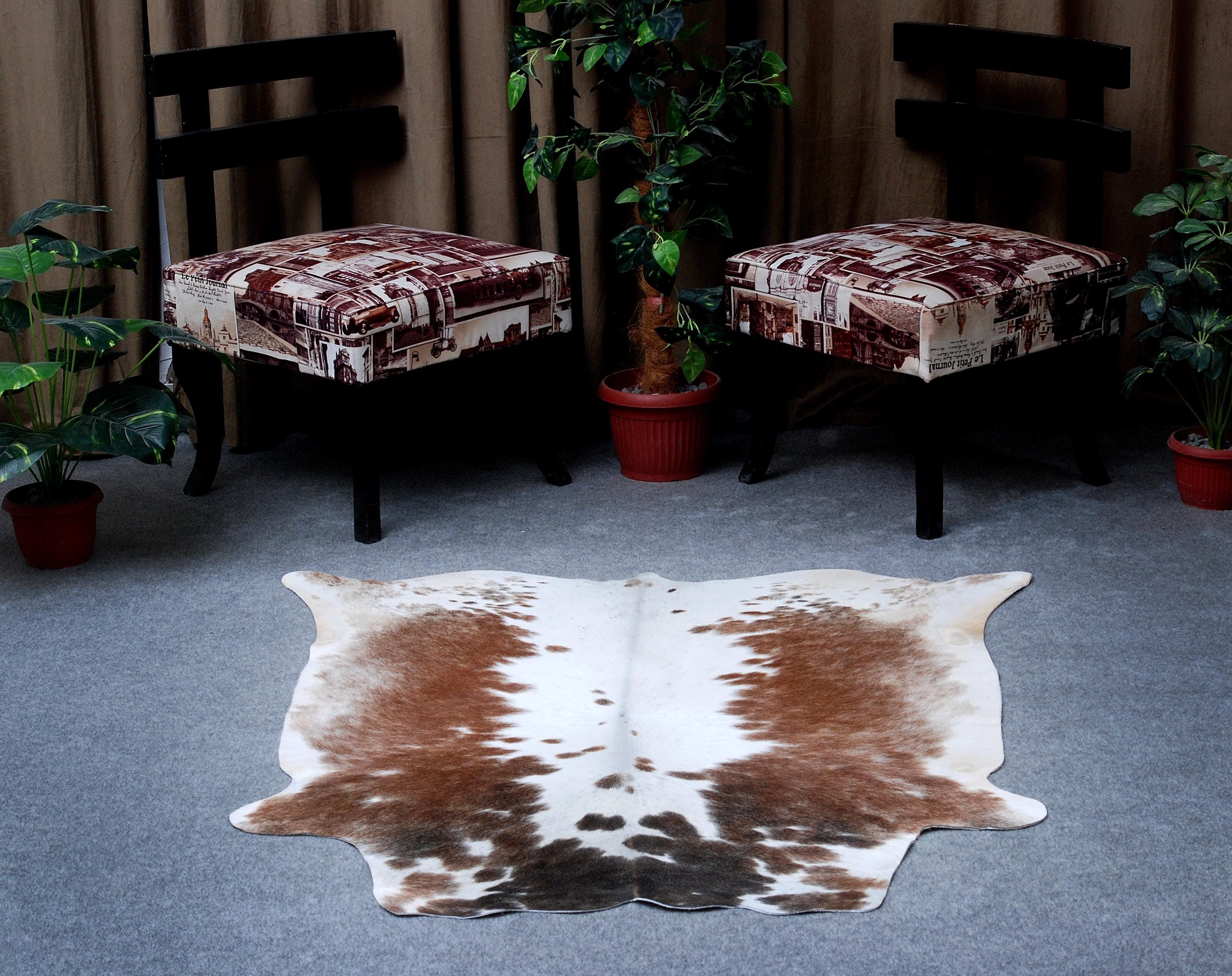 ブラウン＆ホワイト牛革ラグ：本革アクセント（50×50インチ） - Etsy 日本