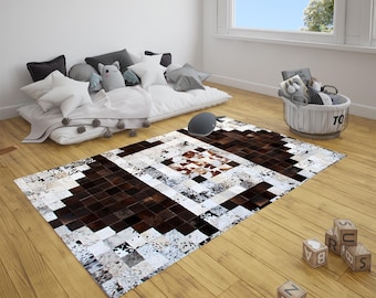 Handgefertigter Patchwork Teppich aus Rindsleder: Quadratischer Design-Lederteppich ( 120 X 180 cm )