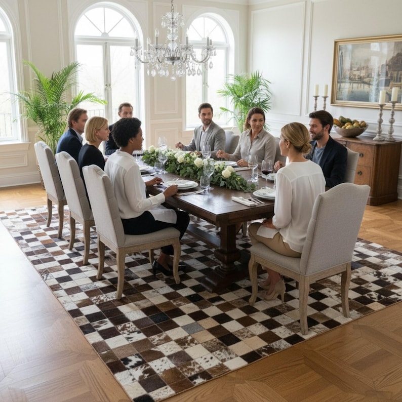 K&ouml;nnte beinhalten: Ein formelles Esszimmer mit einem gro&szlig;en Holztisch, der f&uuml;r eine Mahlzeit gedeckt ist. G&auml;ste sitzen um den Tisch, der mit wei&szlig;en Blumen geschm&uuml;ckt ist. Ein karierter Teppich bedeckt den Boden.