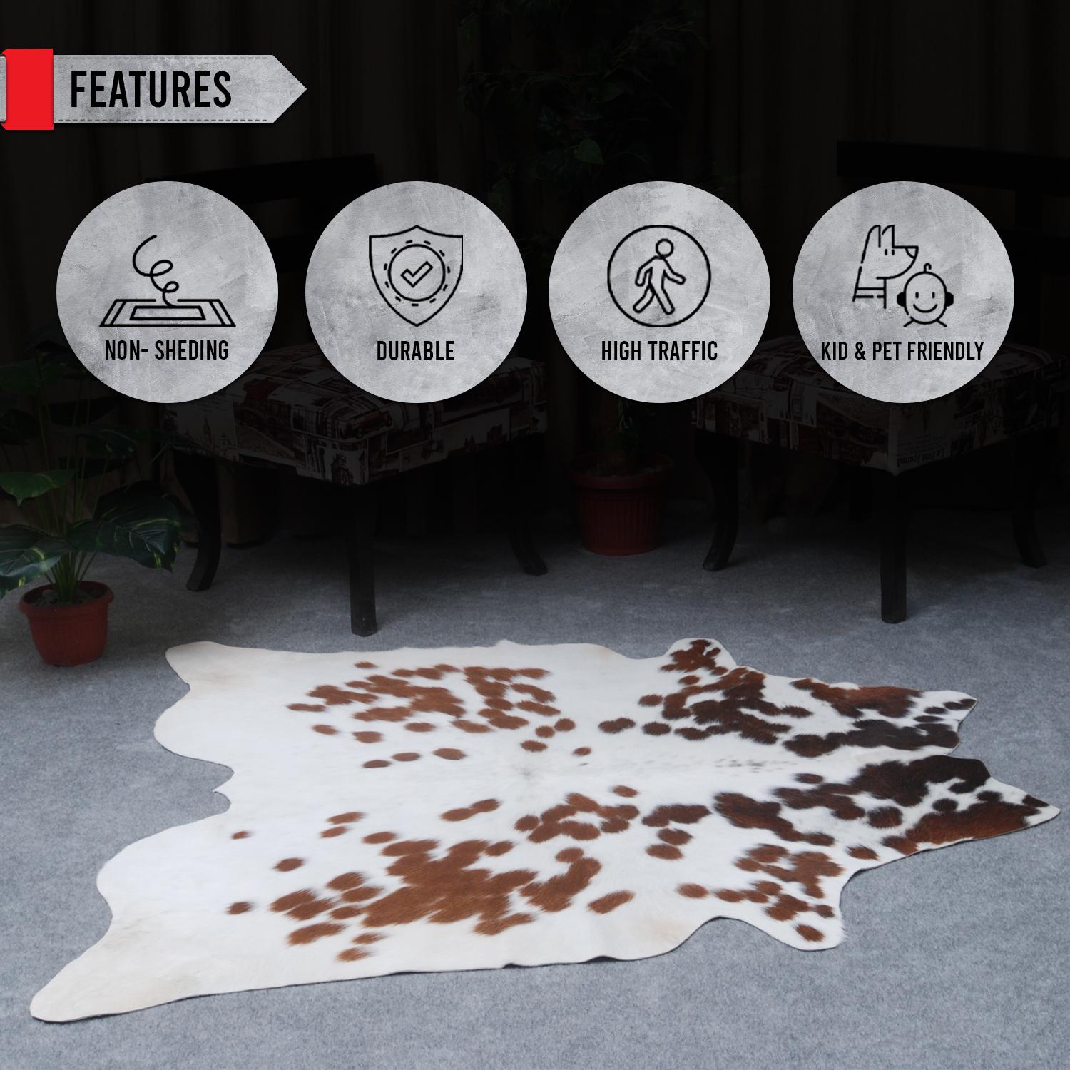 ブラウン＆ホワイト牛革ラグ：本革アクセント（54×52インチ） - Etsy 日本