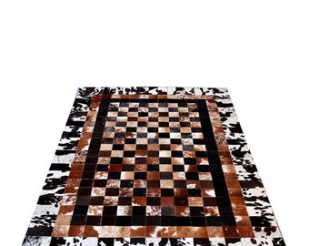 Handmade Patchwork Cowhide Rug: Square Design Leather Area Rug (6x4')