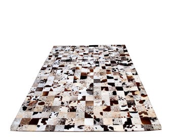Handgefertigter Patchwork Teppich aus Rindsleder: Quadratischer Design-Lederteppich ( 120 X 180 cm )