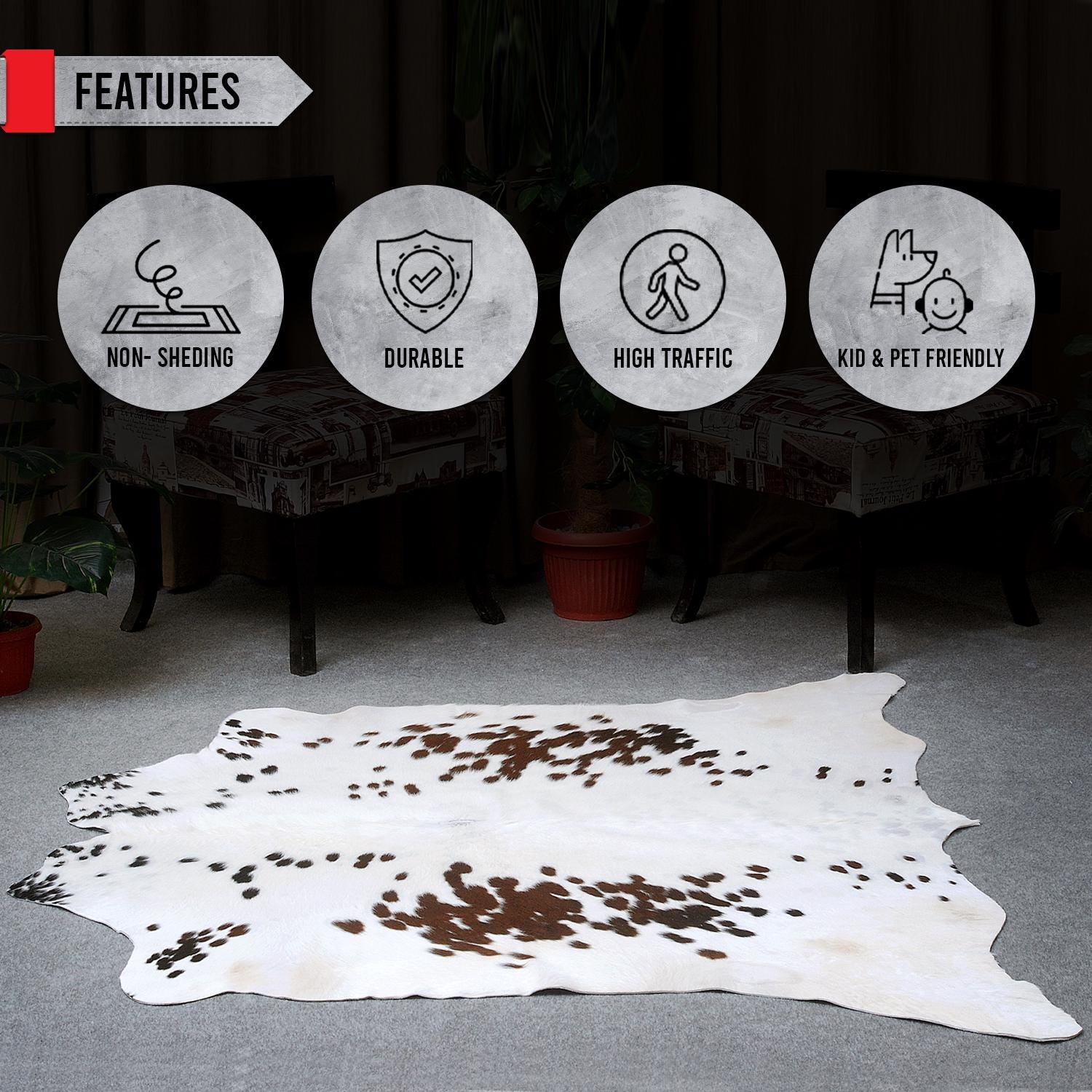 本物の大きな茶色と白の牛革ラグ – 洗練されたインテリアの