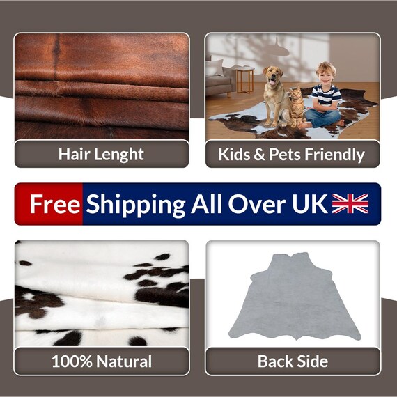 ダークブラウン＆ホワイト牛革ラグ：本毛皮レザー（57x60インチ