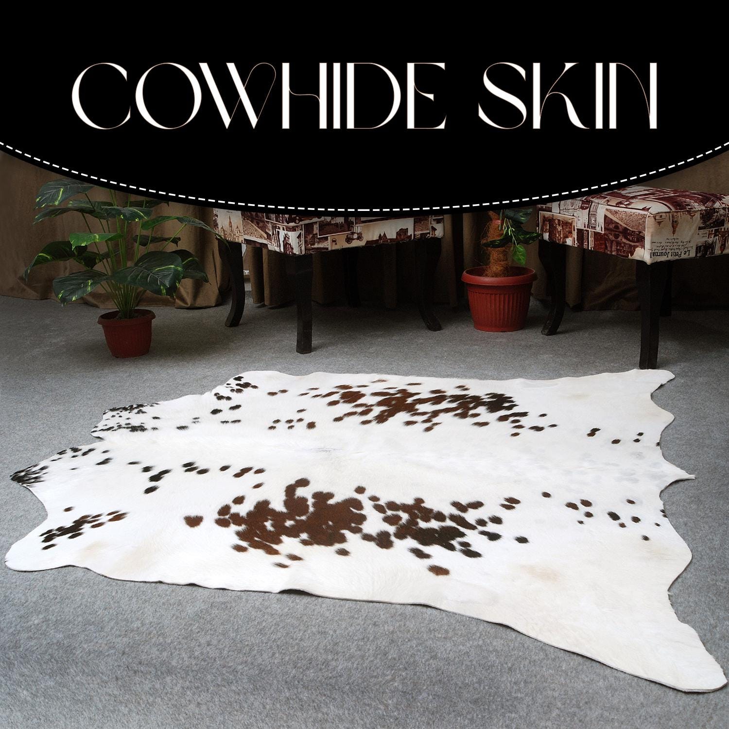 本物の大きな茶色と白の牛革ラグ – 洗練されたインテリアの