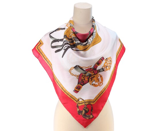 White Silk Equestrian Scarf 90s Red Gold Beige Sil