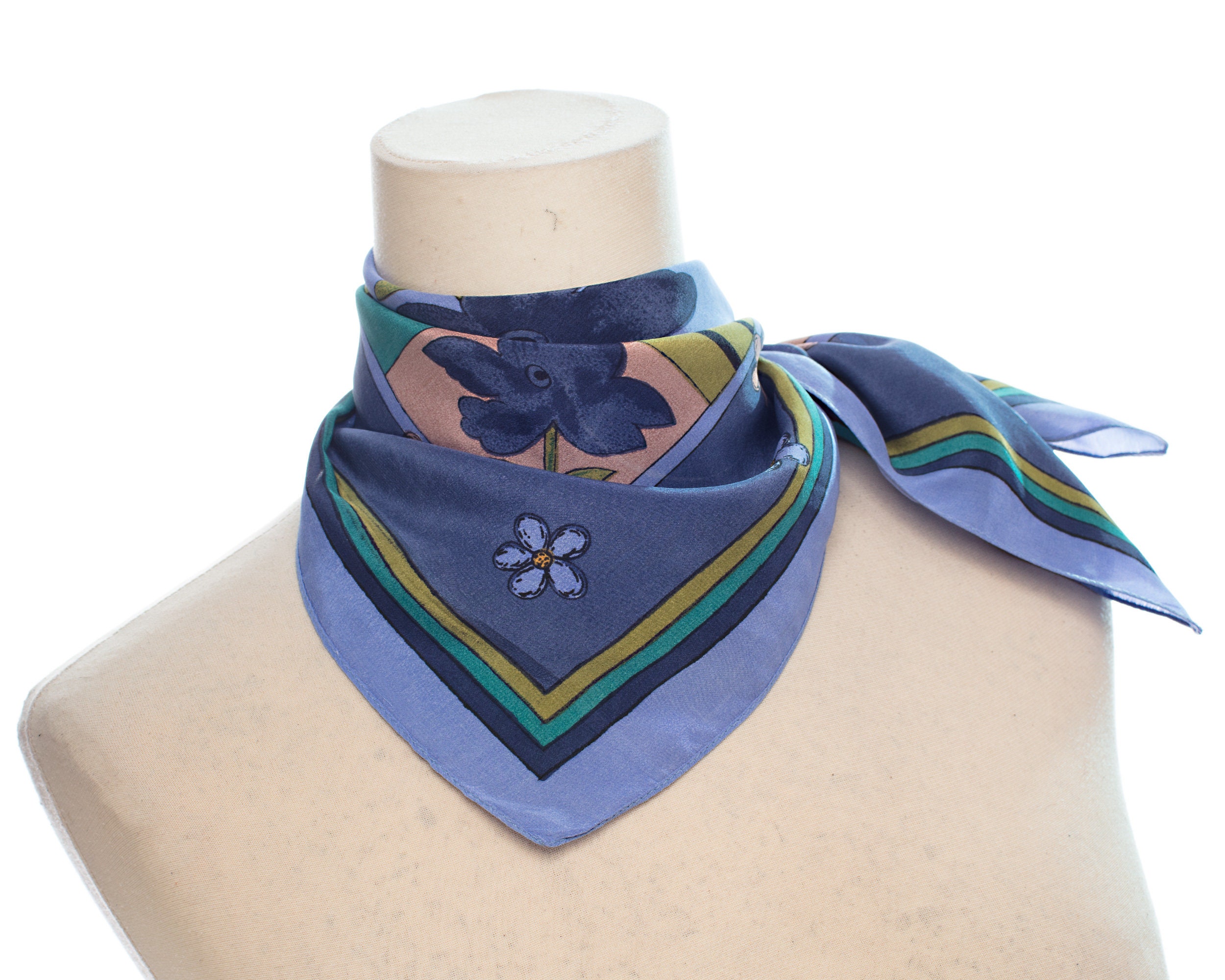 FLORAL SILK Kerchief 90s Vintage Blue Green Flowers Printed Etsy