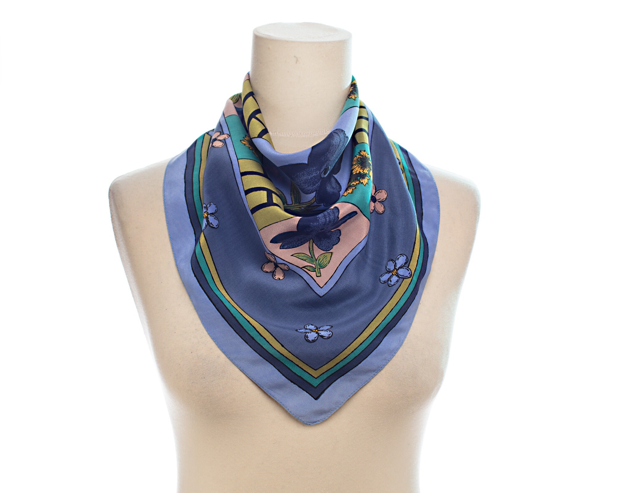 FLORAL SILK Kerchief 90s Vintage Blue Green Flowers Printed Etsy