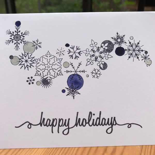 Snowflake stamp and watercolor Happy holidays Card