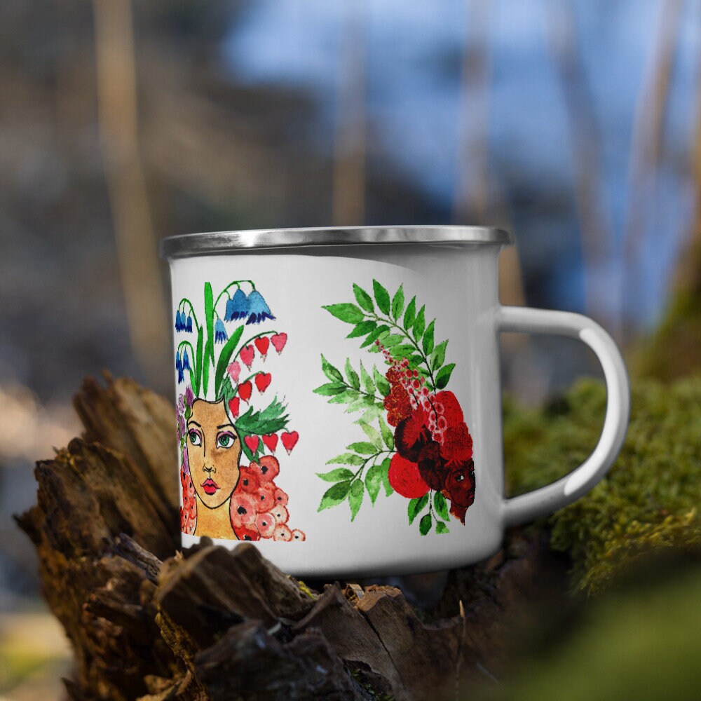 Tasse de Camping d'émail, Tasse Florale Reines, Originale d'art, Art Succulent, Cadeaux Succulents, 