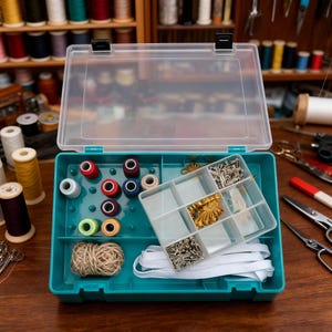 May include: A teal plastic storage box with a clear hinged lid containing various sewing supplies. Inside are small spools of colored thread on pegs, a ball of twine, white elastic, and a clear divided tray holding metal hardware.