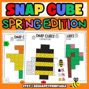 May include: Three printable worksheets for building with snap cubes. The first worksheet shows a bee, the second shows a tree, and the third shows a flower. Each worksheet includes a picture of the object to be built, a grid of squares to represent the snap cubes, and a number of cubes needed for each color.