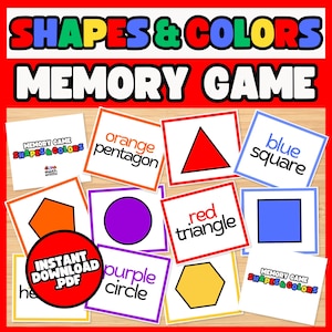 May include: A set of colorful memory game cards featuring different shapes and colors. The cards include a red triangle, a blue square, an orange pentagon, a purple circle, and a yellow hexagon.