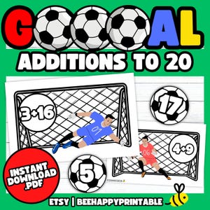Może przedstawiać: Kolorowy materiał edukacyjny z piłkami nożnymi i tekstem "GOAL ADDITIONS TO 20". Zawiera ilustracje piłkarzy, bramek i zadań z dodawania. Czerwone koło z napisem "INSTANT DOWNLOAD .PDF".