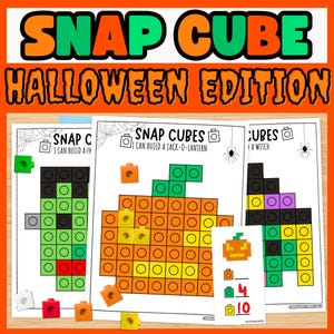 Op de afbeelding: Een set printbare activiteitenbladen getiteld SNAP CUBE HALLOWEEN EDITION met rasterontwerpen voor het bouwen van een pompoen, een heks en een monster. De pagina's bevatten zwart-witillustraties met gekleurde plastic klikblokjes.