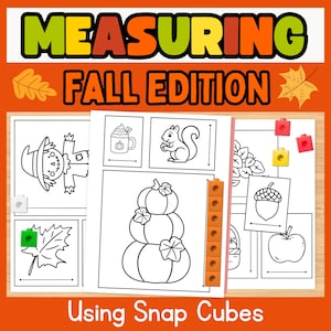 Może przedstawiać: Arkusz edukacyjny do druku zatytułowany MEASURING FALL EDITION Using Snap Cubes. Strona zawiera czarno-białe rysunki liniowe stracha na wróble, wiewiórki, dyń, żołędzia i jabłka oraz kolorowe plastikowe klocki do mierzenia.