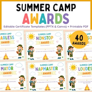 Könnte beinhalten: Eine Sammlung bearbeitbarer Summer Camp Awards Zertifikatsvorlagen in den Formaten PPTX, Canva und PDF. Die Designs zeigen farbenfrohen Text, Illustrationen von Kindern in Pfadfinderuniformen, eine Sonne und ein Lagerfeuer. Ein gelber Kreis zeigt 40 Auszeichnungen an.