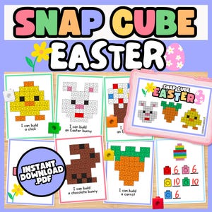May include: A collection of Easter-themed Snap Cube activity cards. The cards feature designs of a chick, Easter bunny, chocolate bunny, and carrot, along with the text "SNAP CUBE EASTER" and "INSTANT DOWNLOAD .PDF". Includes a pink frame with a bunny, carrot, and chick.