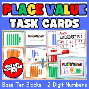 Puede incluir: Tarjetas de tareas educativas para aprender el valor posicional, con bloques de base diez y números de 2 dígitos. Las tarjetas muestran números y preguntan "¿Cuál es el número?" con ejemplos como 7, 24 y 13.