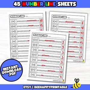 May include: A set of 45 printable number line worksheets for kids. Each worksheet features a number line with a subtraction problem written above it. The student must solve the problem by counting the spaces on the number line and writing the answer in the box.